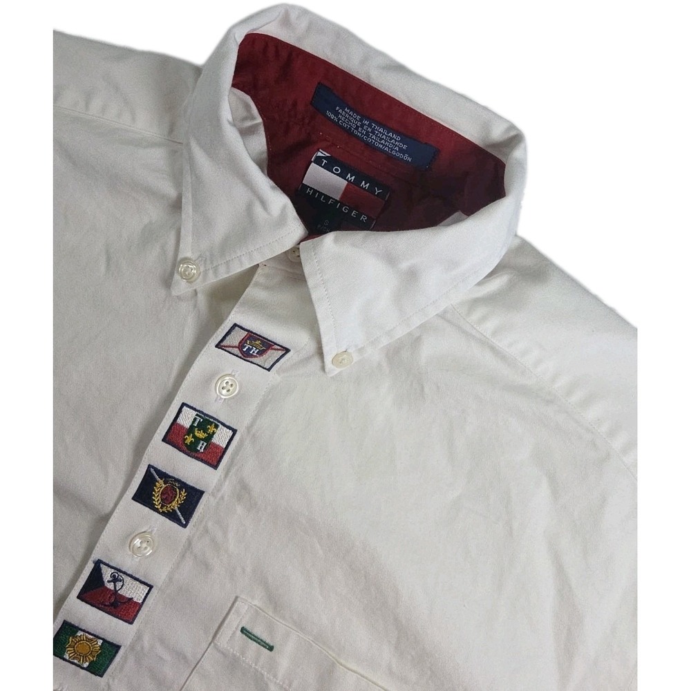 Vintage Men's Sz Small White Tommy‎ Hilfiger Embroidered Patch Flag Dress Shirt